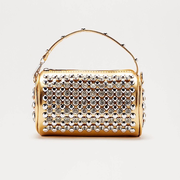 NWT👀🌟⚡️✨🪩Gold Rhinestone Studded Barrel Bag🪩✨⚡️🌟 - Picture 3 of 3